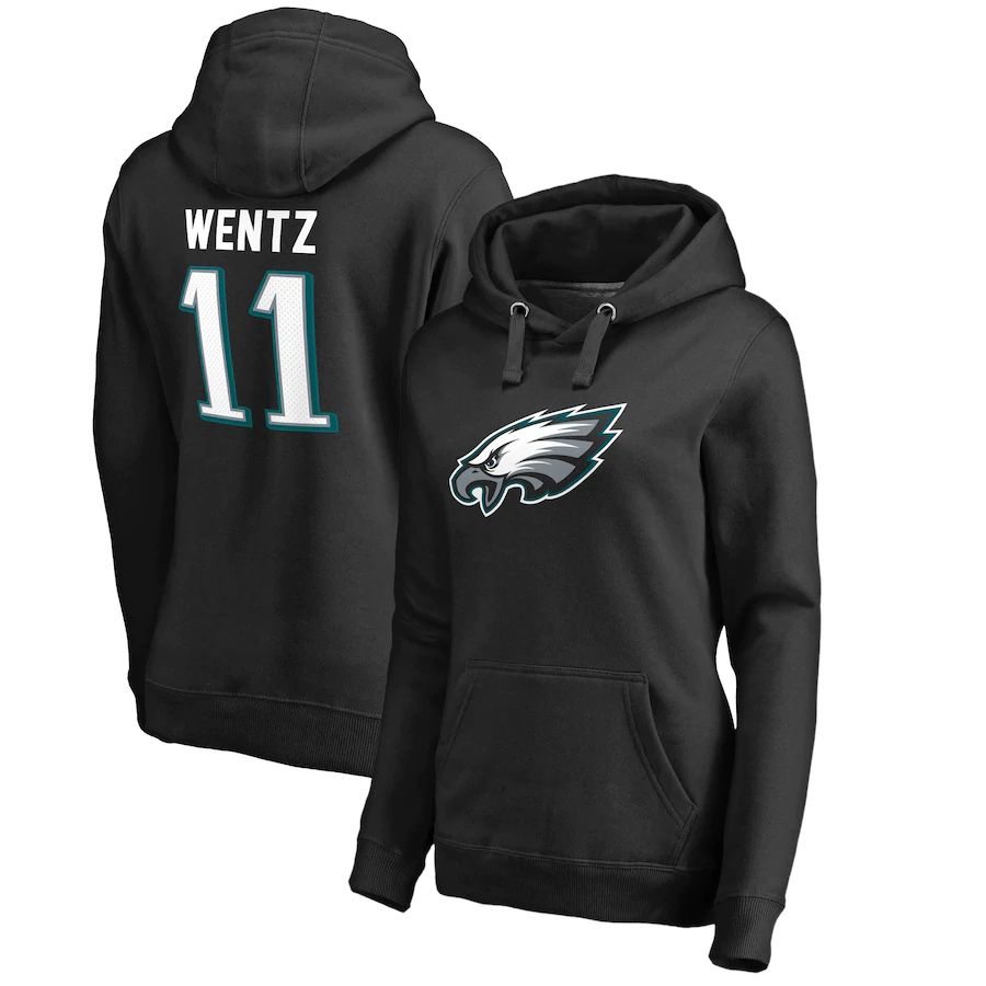 Women Philadelphia Eagles #11 Carson Wentz NFL Pro Line by Fanatics Branded Black Player Icon Name & Number Pullover Hoodie->women nfl jersey->Women Jersey